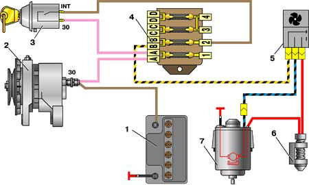 Схема включения электродвигателя вентилятора отопителя 