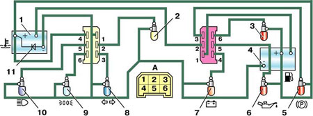 Электрическая схема соединений комбинации приборов (вид сзади) 