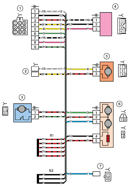 Схема дополнительного заднего правого жгута (правой передней двери) 