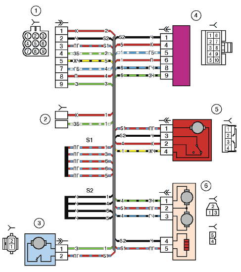 Схема дополнительного заднего левого жгута (левой передней двери) 
