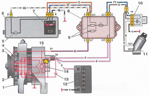 Схема соединений системы генератора 37.3701 на автомобиле ВАЗ-2109