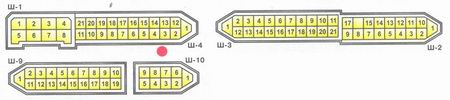 Условная нумерация штекеров в колодках монтажного блока для подключения проводов в салоне